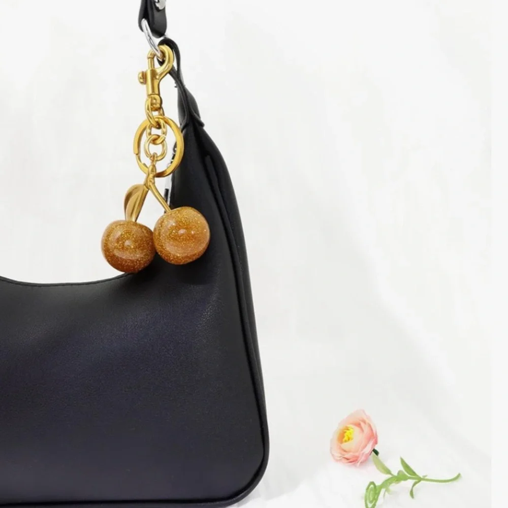 Gold Cherry Fruit Keychain Bag Charm Pendant with Pink Glitter Cherries Bling - Picture 10 of 12